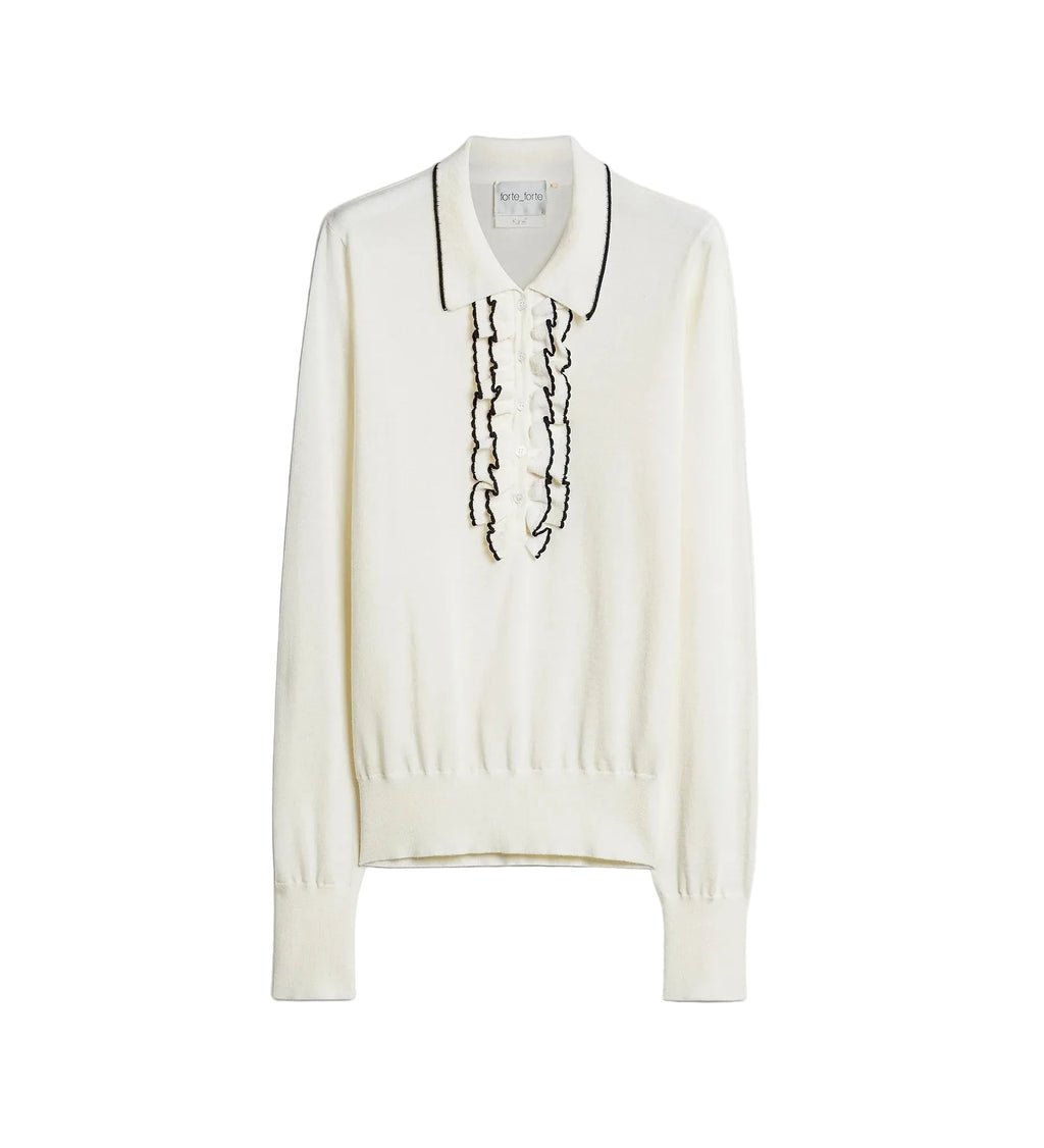 An off-white knit polo sweater with black embroidered vertical details down the center front and a black-trimmed collar, shown against a light gray background.