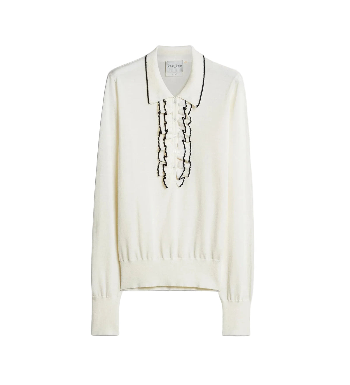 An off-white knit polo sweater with black embroidered vertical details down the center front and a black-trimmed collar, shown against a light gray background.