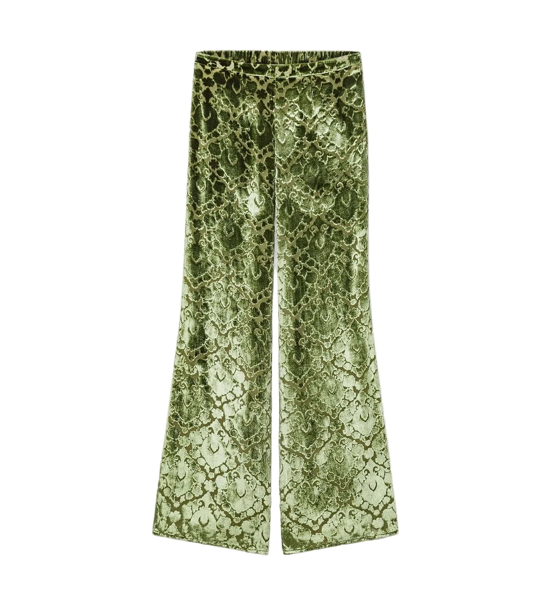 Green velvet wide-leg pants with an all-over snakeskin pattern, shown flat against a light gray background.