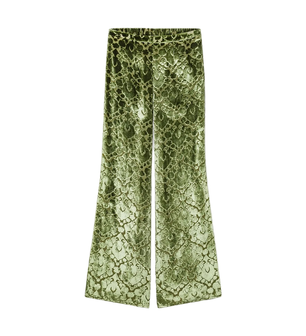 Green velvet wide-leg pants with an all-over snakeskin pattern, shown flat against a light gray background.