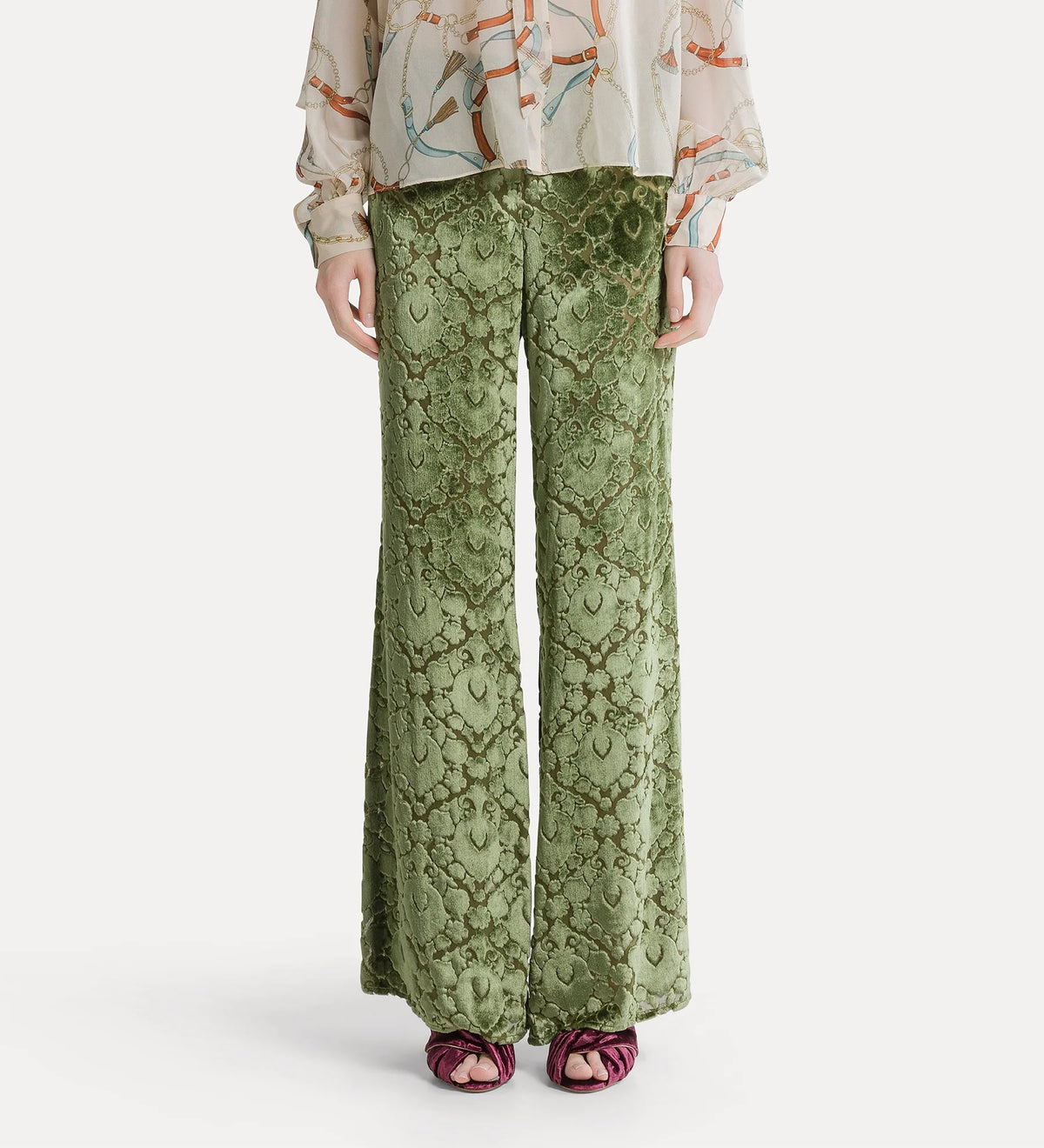 Flared Floral Burnout Velvet Trousers Leaf