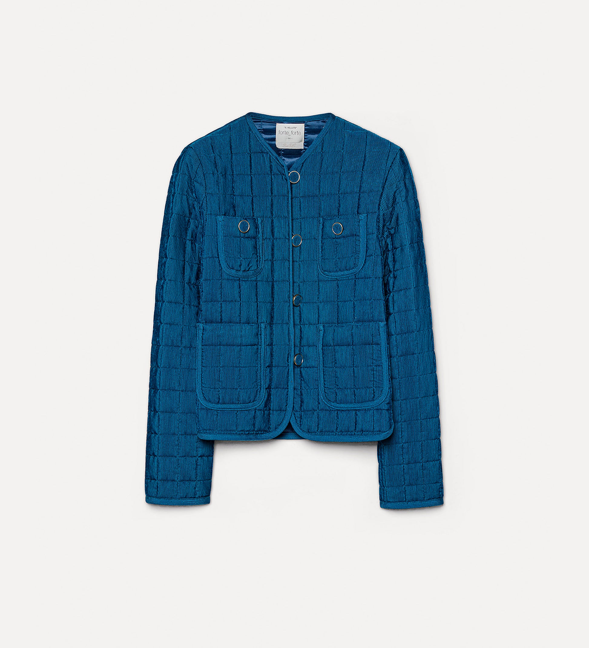 Blue quilted jacket on a white background