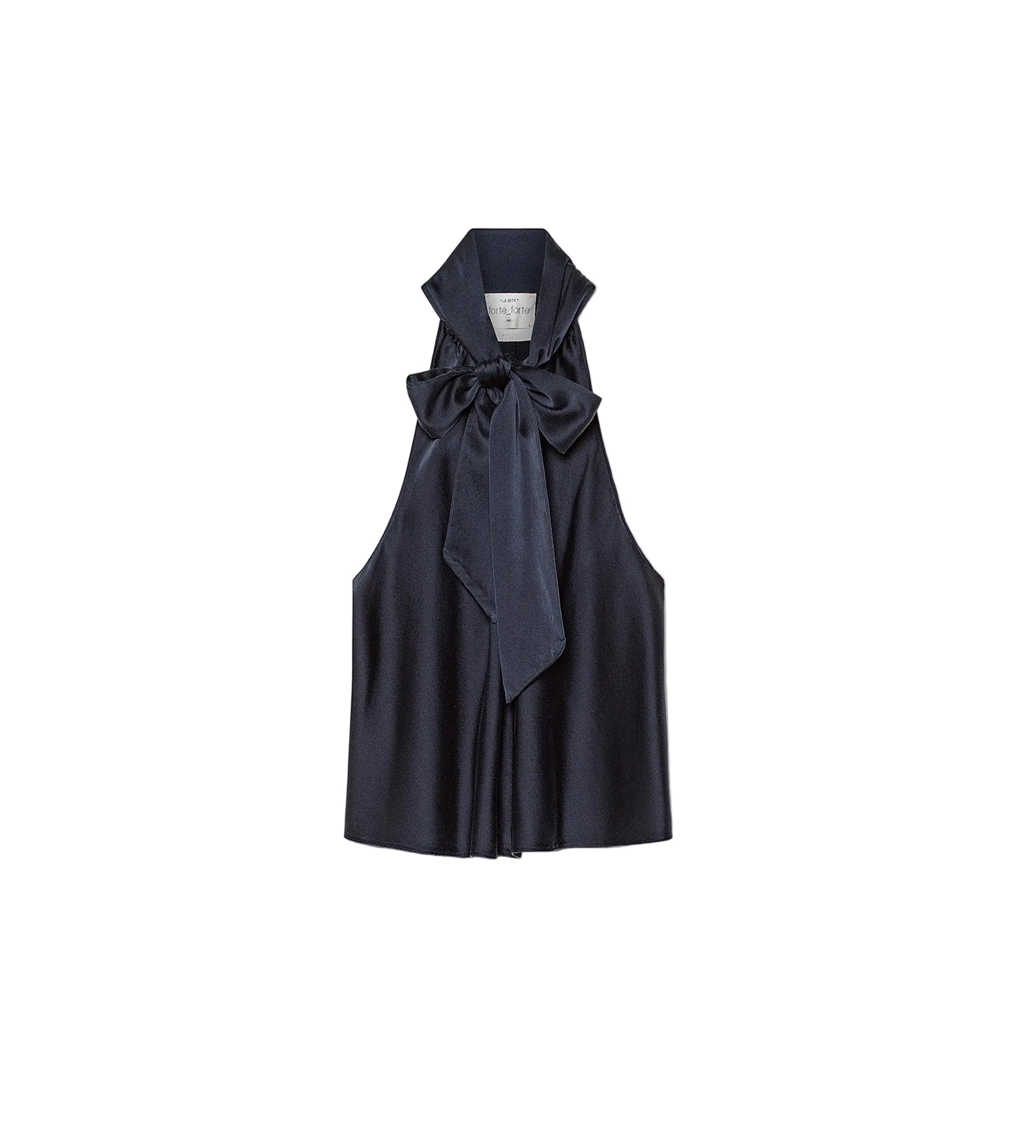 Navy blue sleeveless top with a bow detail on a light gray background