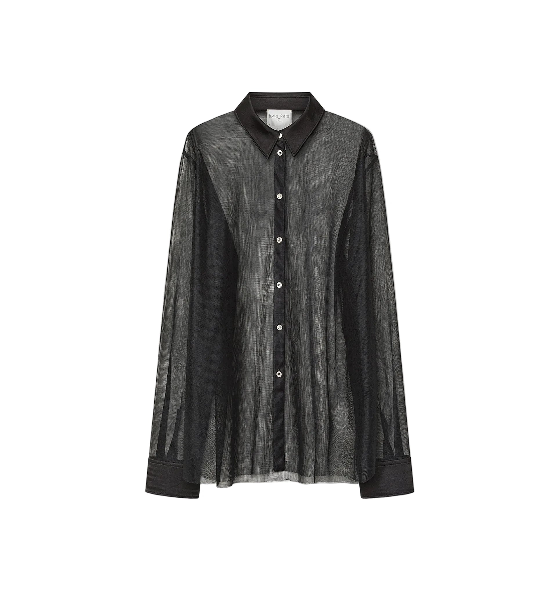 Black sheer shirt with black collar on a white background