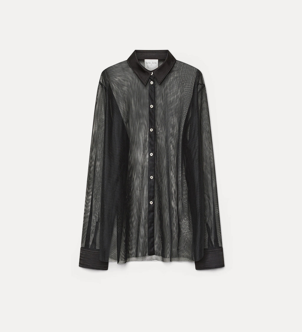 Black sheer shirt with black collar on a white background