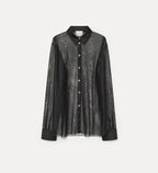 Black sheer shirt with black collar on a white background