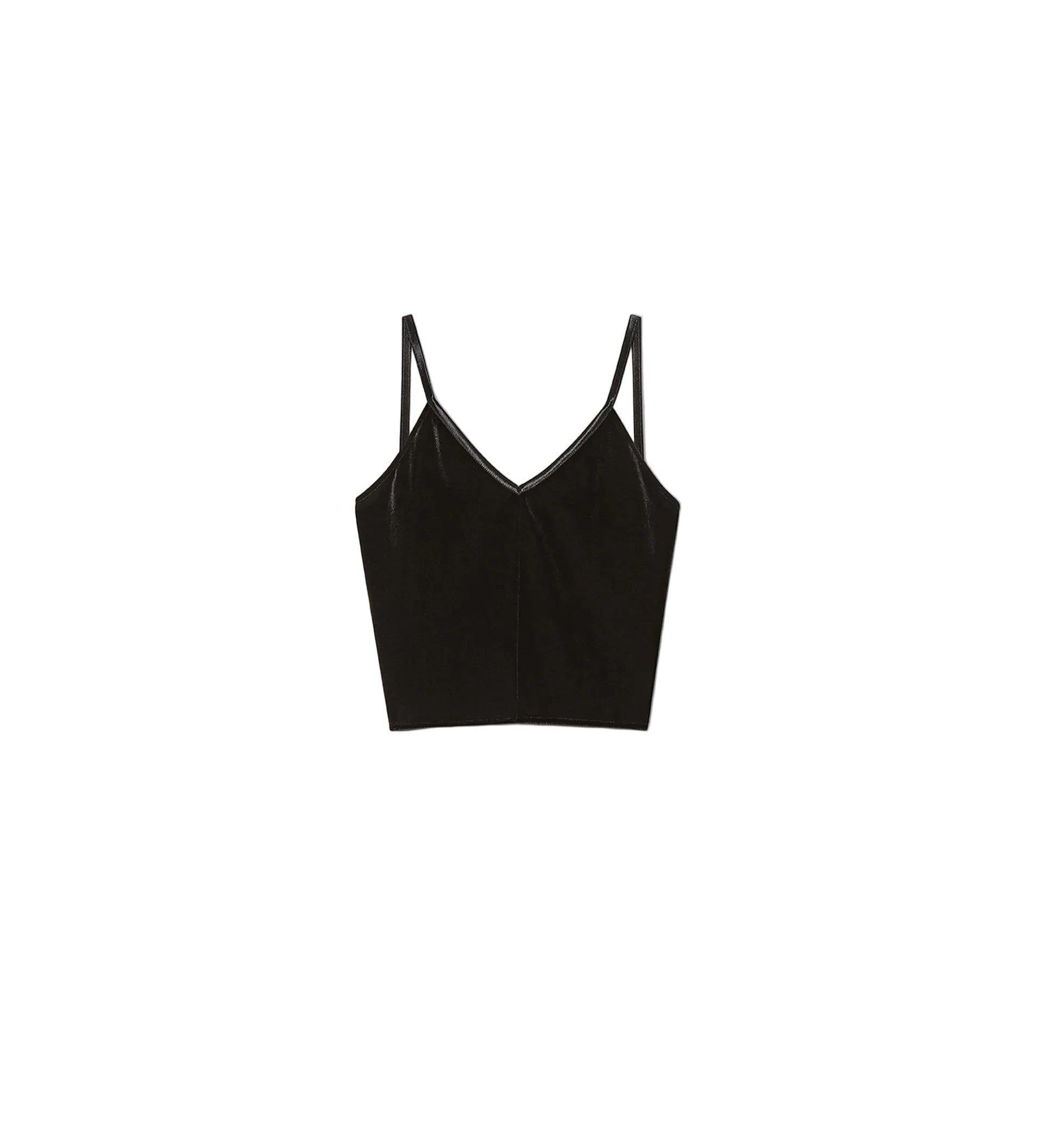 Black crop top with thin straps on a white background