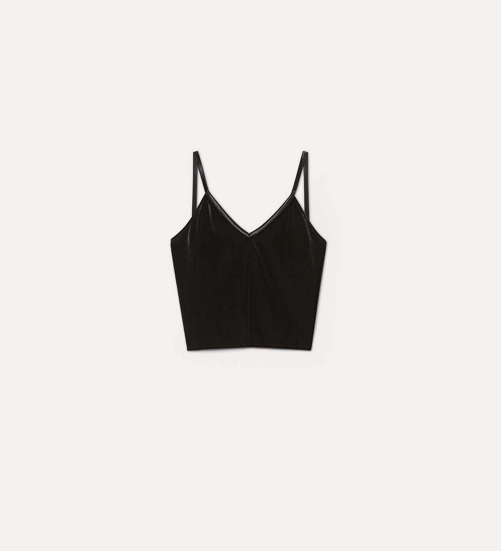 Black crop top with thin straps on a white background