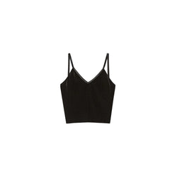 Black crop top with thin straps on a white background