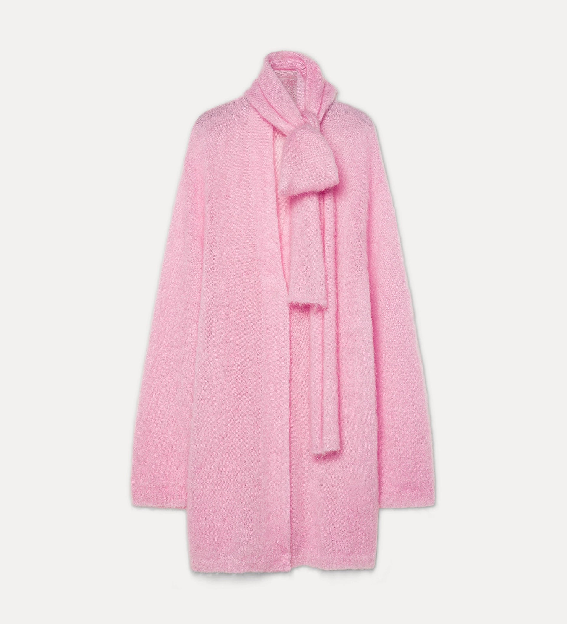 Pink coat with a matching scarf on a light gray background