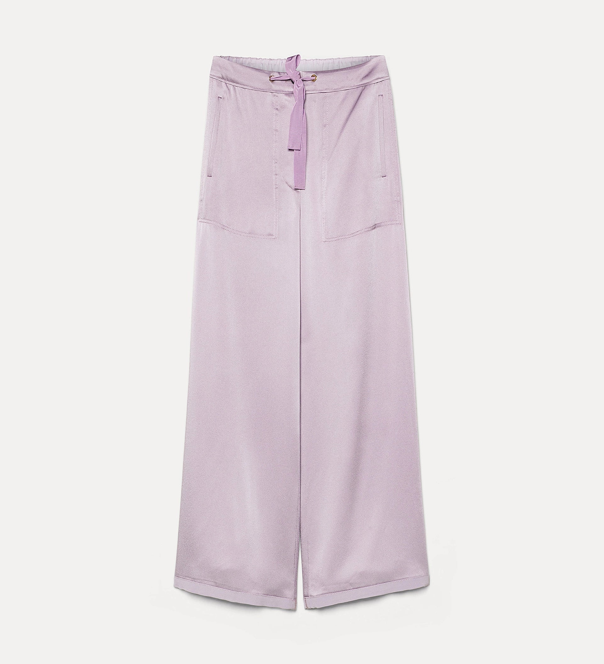 Lavender wide-leg pants on a light gray background