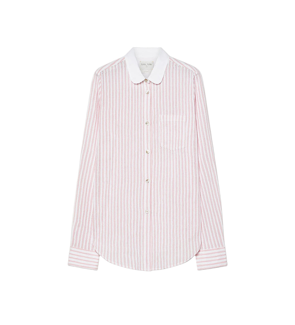 Pink and white striped shirt with a white collar on a light gray background