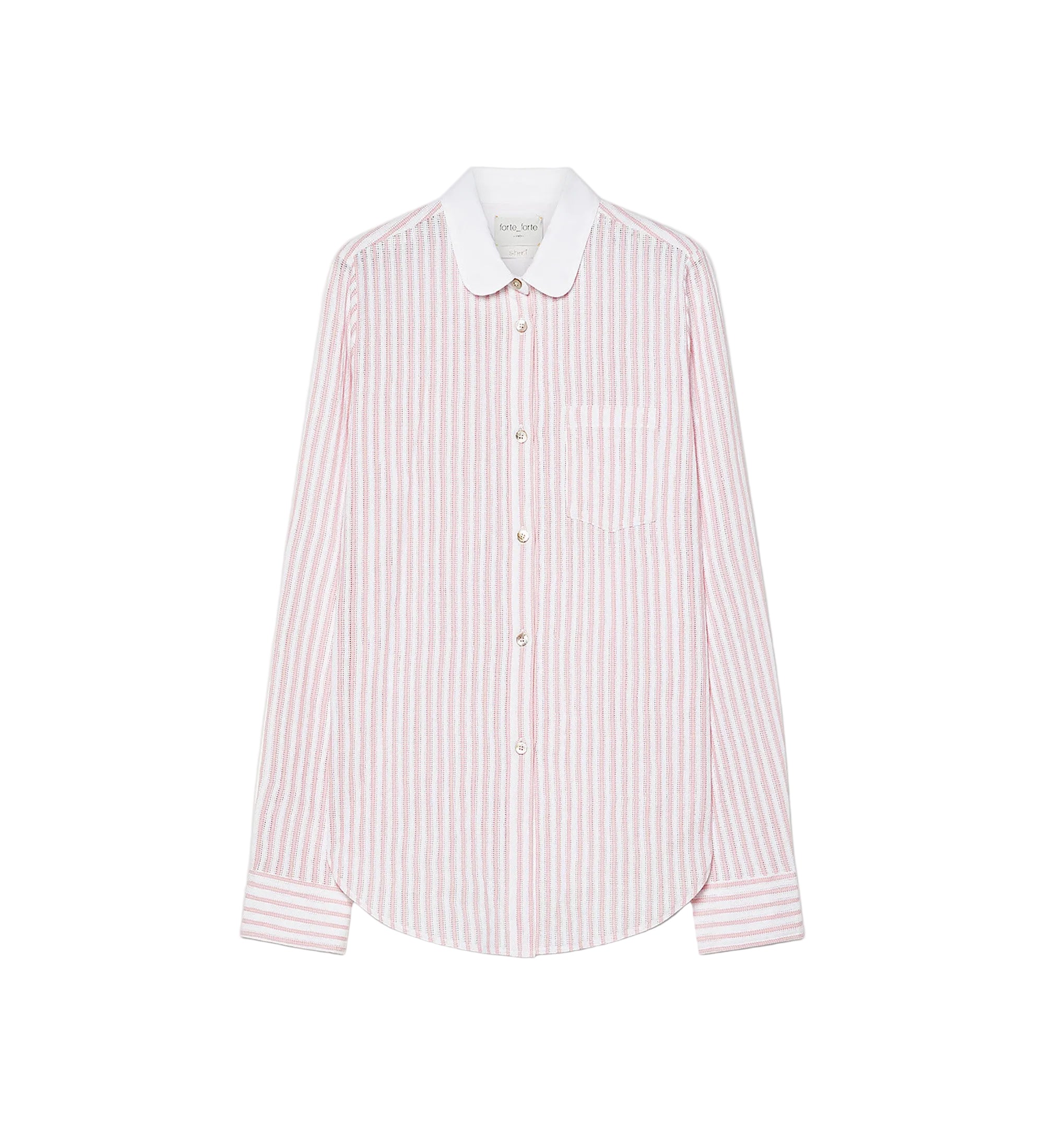 Pink and white striped shirt with a white collar on a light gray background