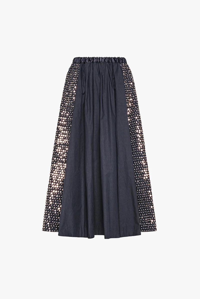 Black skirt with patterned side panels on a white background