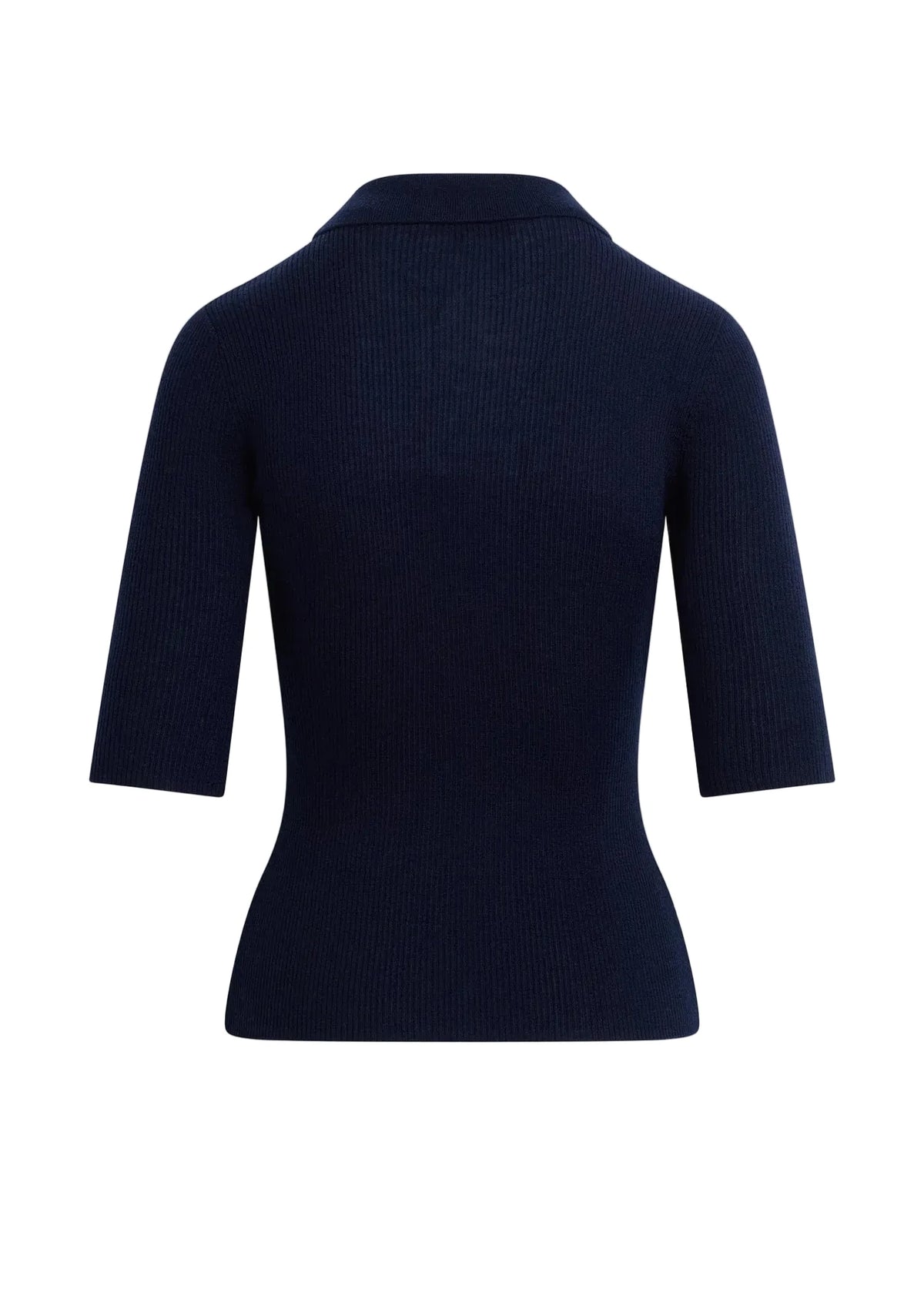 A dark navy blue ribbed knit top with three-quarter sleeves and a collar, shown from the back on a light beige background.