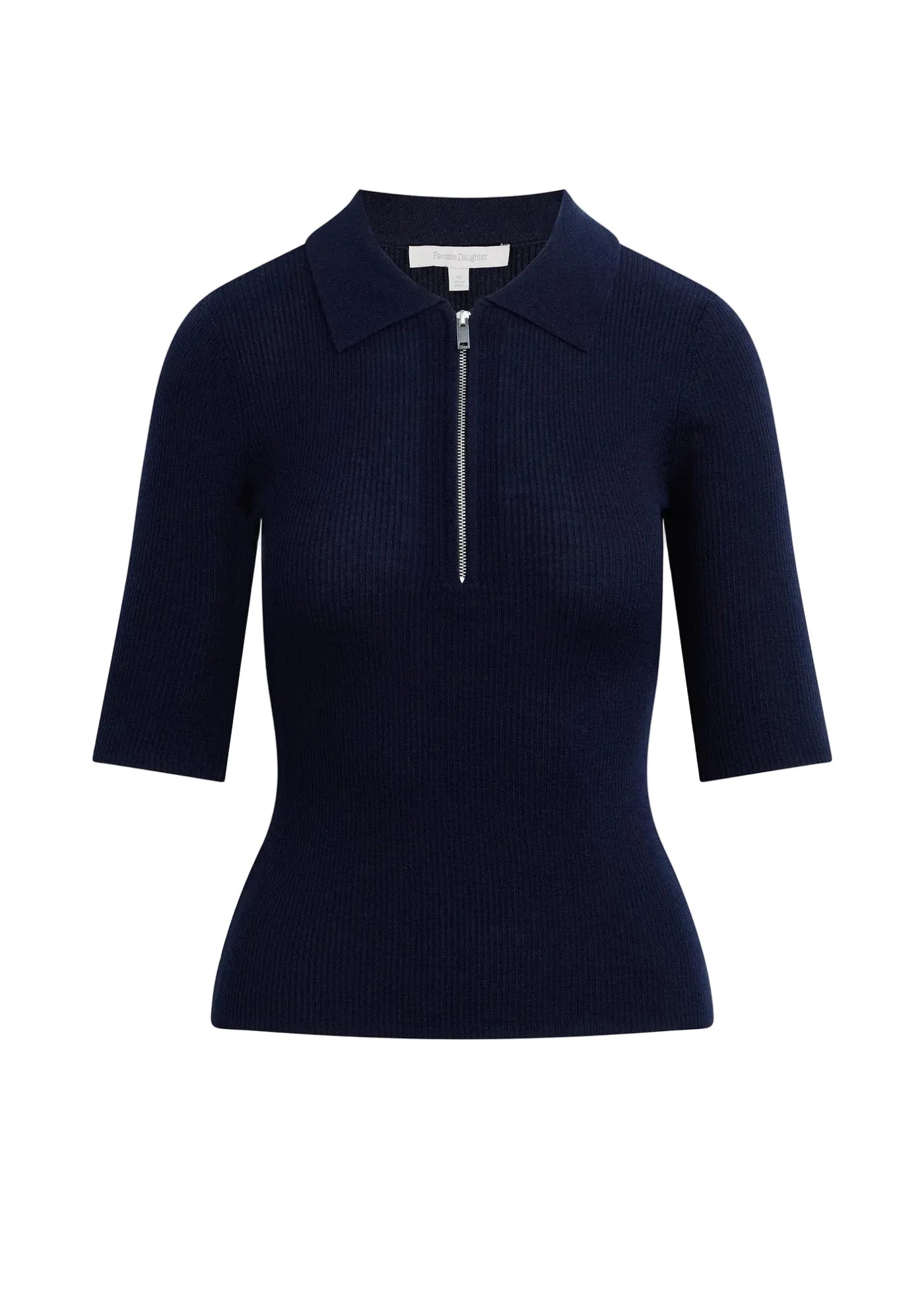 A navy blue ribbed knit polo top with a half-zip neckline and elbow-length sleeves, shown on a light beige background.