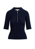 A navy blue ribbed knit polo top with a half-zip neckline and elbow-length sleeves, shown on a light beige background.