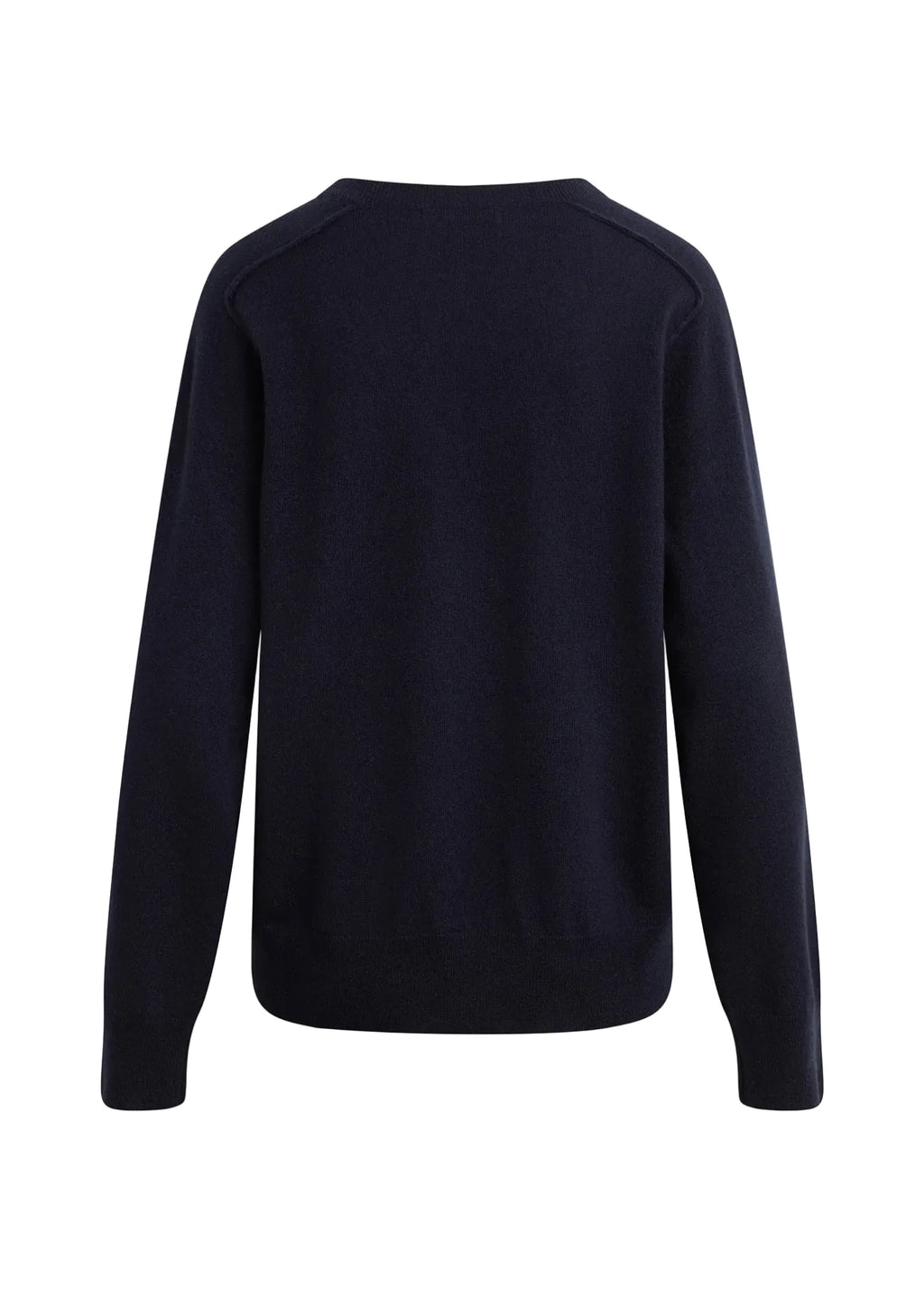 A dark navy blue crewneck sweater shown from the back, displayed on a clean white background.