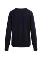 A dark navy blue crewneck sweater shown from the back, displayed on a clean white background.