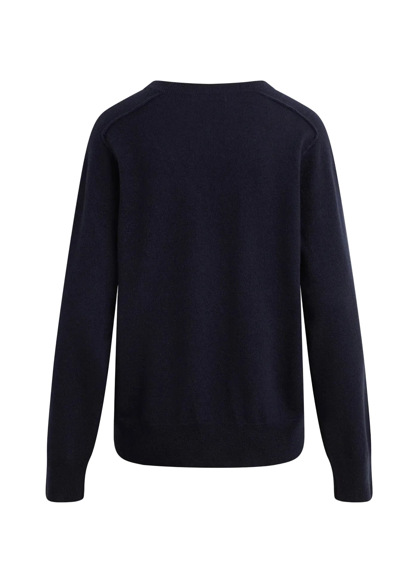 A dark navy blue crewneck sweater shown from the back, displayed on a clean white background.