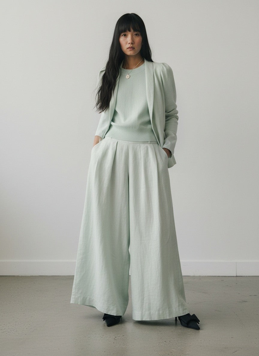 A woman stands in a minimalist studio wearing a light sage green outfit consisting of a long-sleeve top, an open blazer, and wide-leg pleated trousers, paired with black pointed shoes.

Hannes Roether