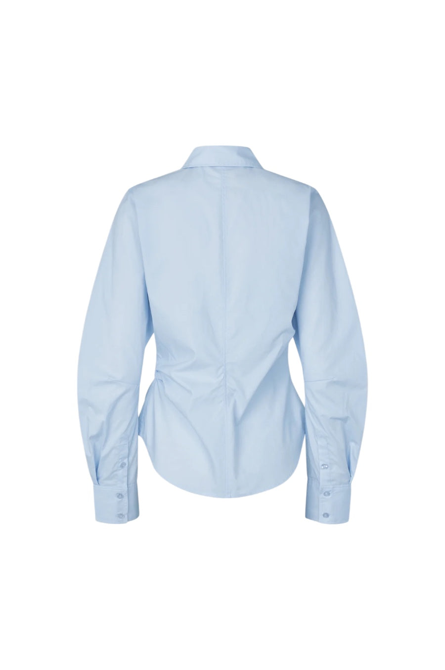 A light blue long-sleeve button-up shirt shown from the back, featuring a pointed collar and a gathered waist design, displayed on a solid white background.