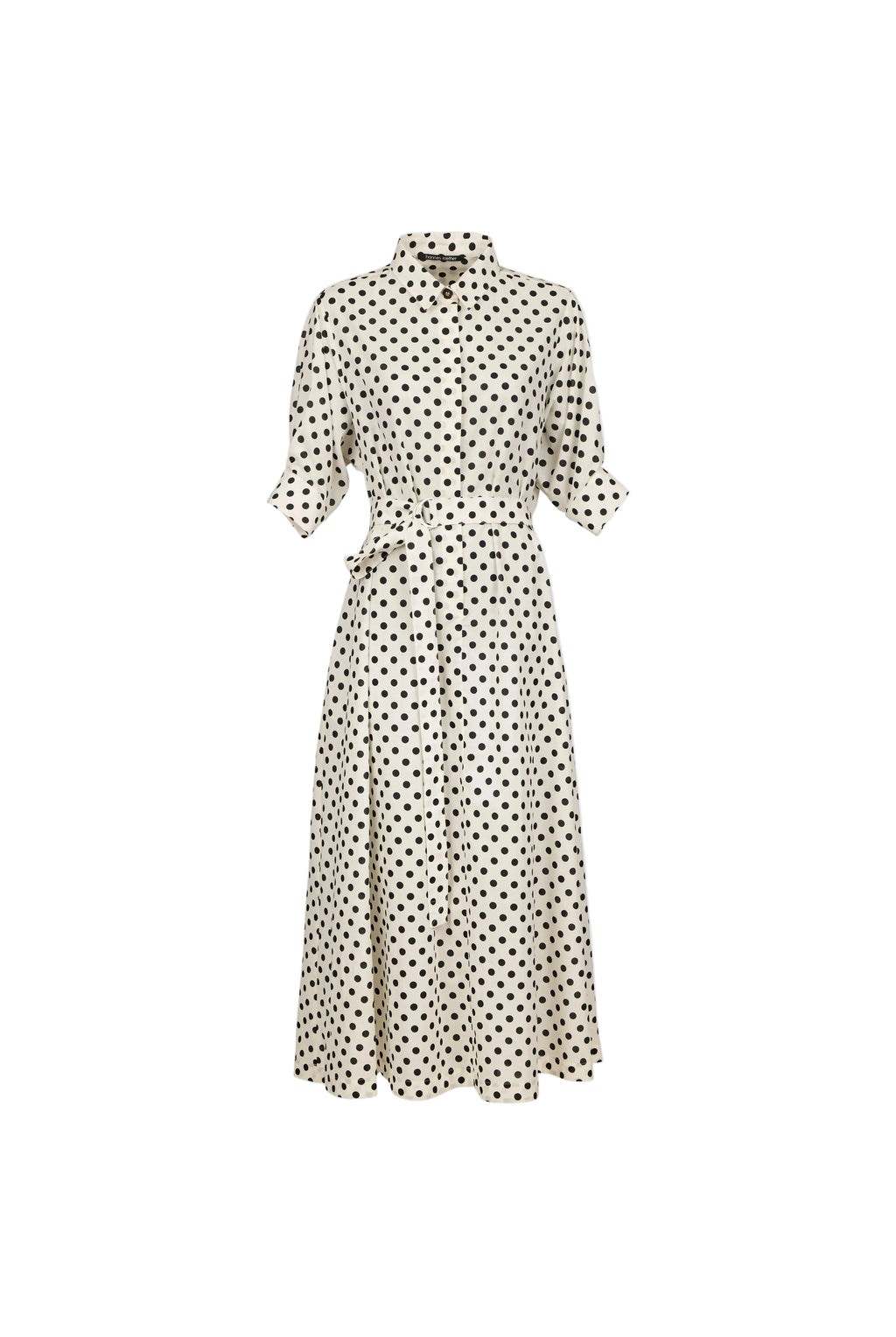 A cream-colored midi dress with a black polka dot pattern, featuring a collar, button-up front, and a matching fabric tie belt at the waist, shown against a solid light blue background.
bet28ter-k.4061
Hannes Roether