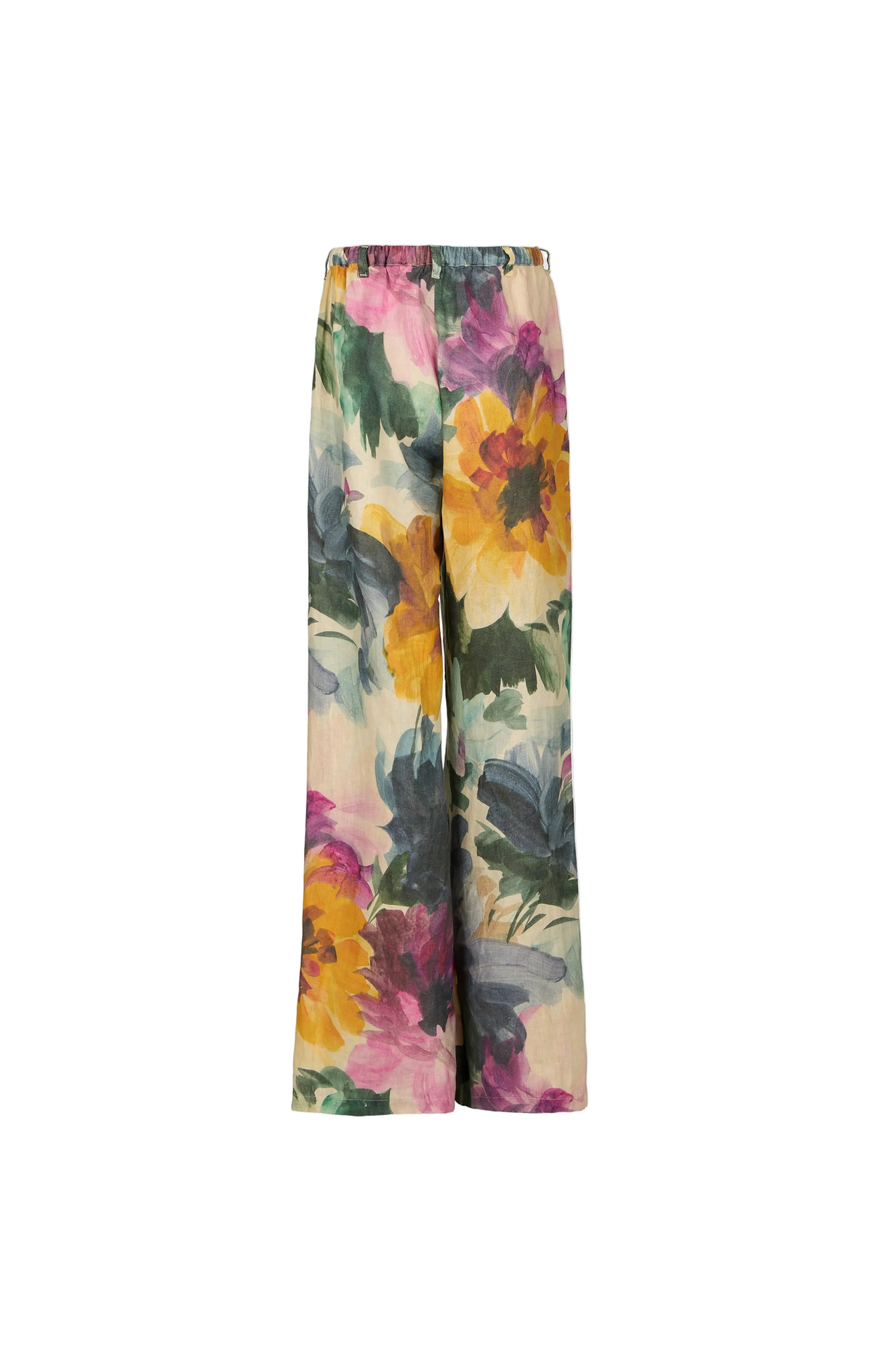 Wide-leg trousers featuring a vibrant watercolor floral print with yellow, pink, and green tones on a light beige base, shown against a solid light gray background.
hello21day.4056
Hannes Roether
