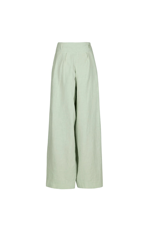 Light sage green wide-leg cropped trousers with a high waist and front pleats, shown flat on a light gray background.
for21ever.602
Hannes Roether