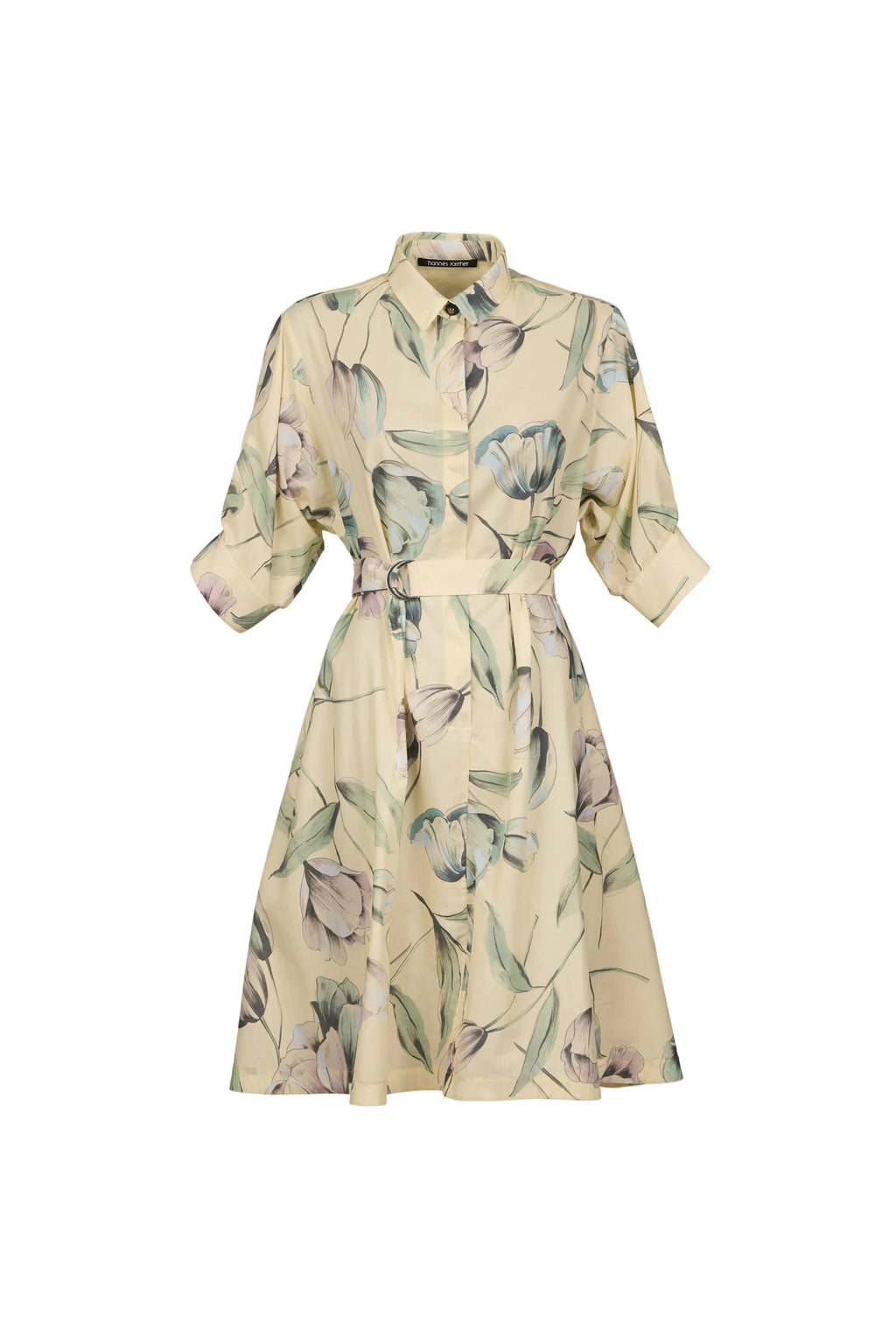 A light beige shirt dress with a green and gray floral print, featuring a collar, button-up front, and a matching fabric tie belt at the waist, shown against a solid light blue-gray background.
be28st-k.4057
hannes Roether