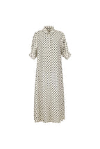 A cream-colored midi shirt dress with a black polka dot pattern, featuring short puff sleeves and a high collar, shown against a light blue-gray background.
bet28ter-k.4061
Hannes Roether