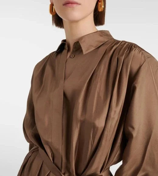 Joseph - Danton Pleated Silk Shirt Dress in Frozen Mocha