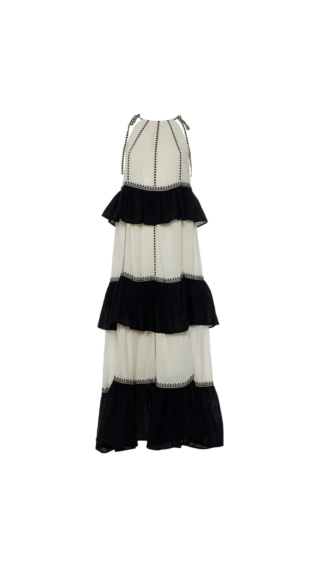 Black and white tiered dress on a white background