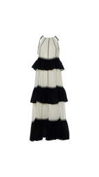 Black and white tiered dress on a white background
