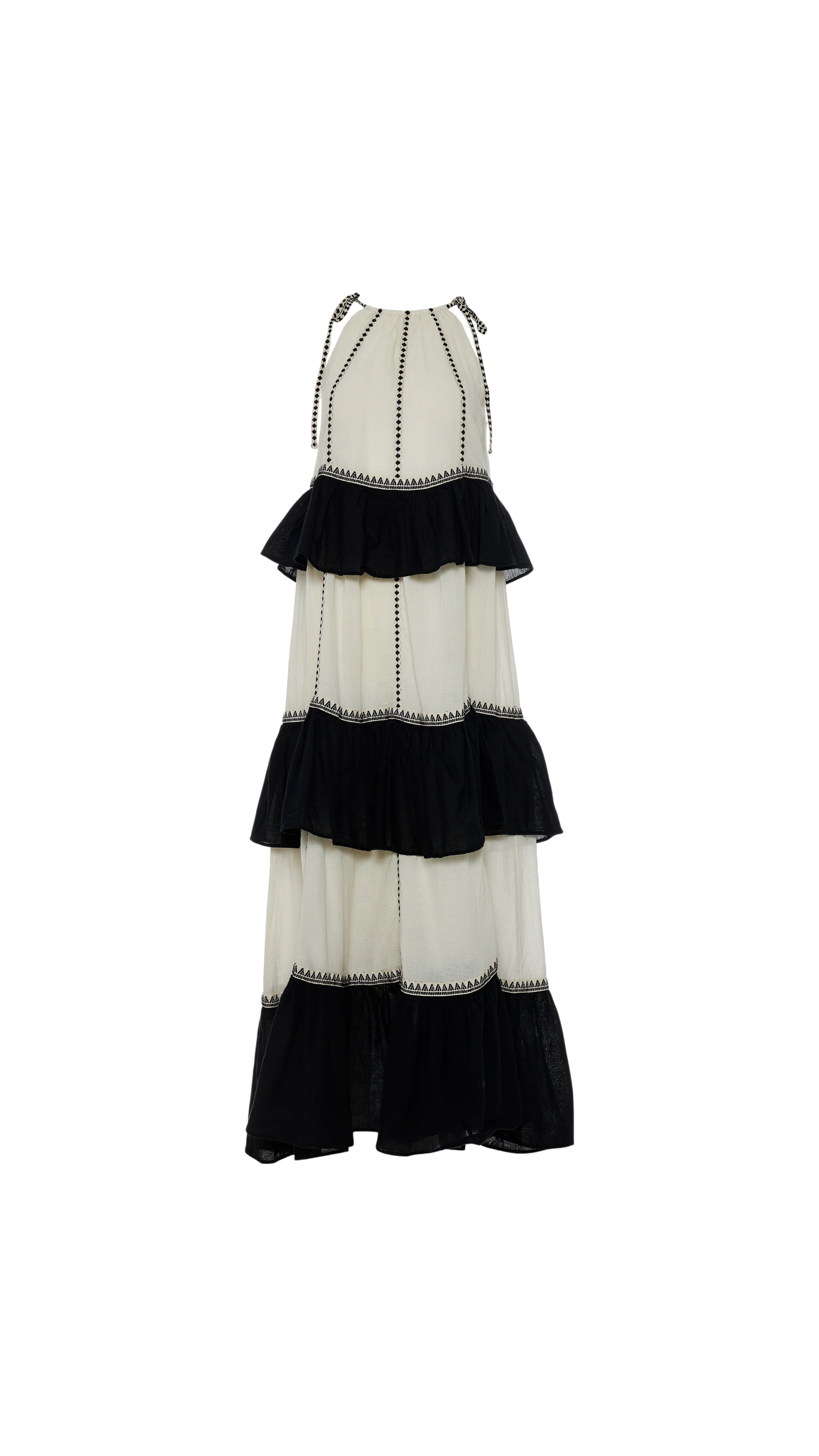 Black and white tiered dress on a white background
