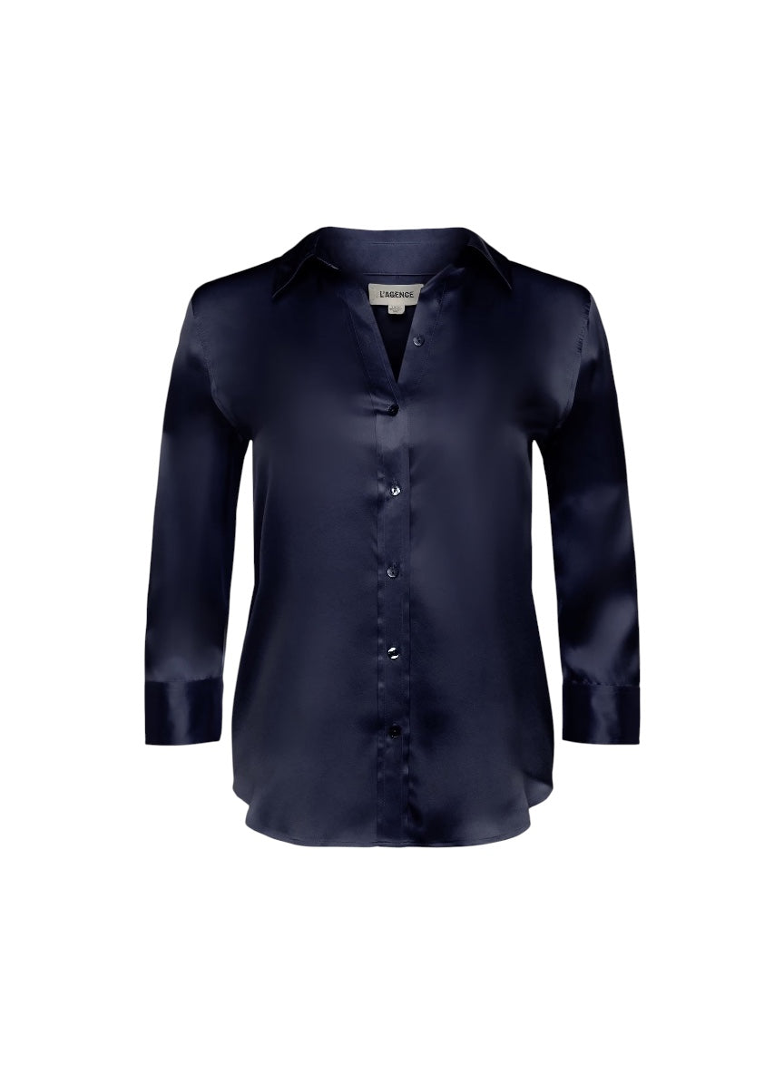 Navy satin shirt on a white background dani silk blouse l'agence 