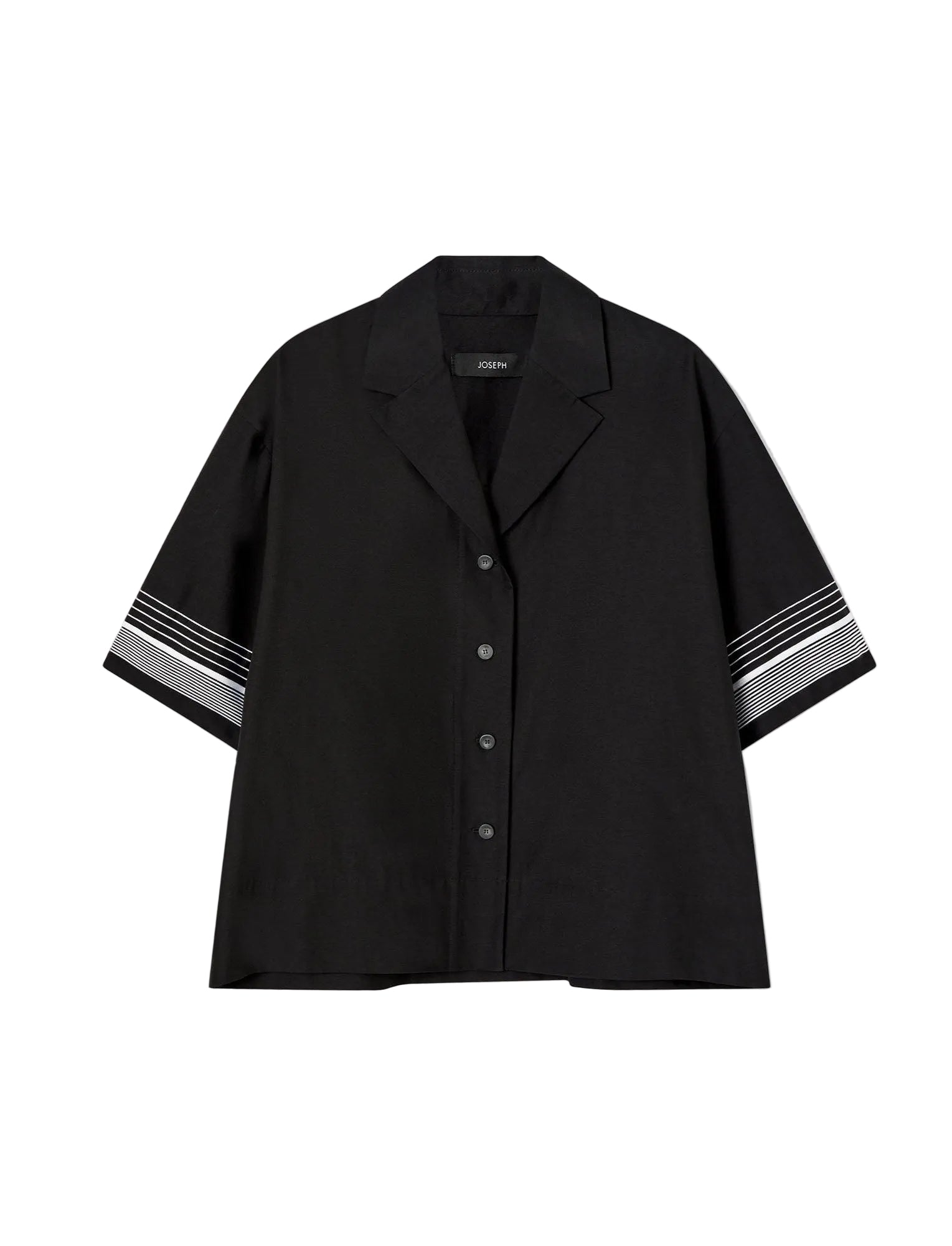 Black shirt with striped sleeves on a light gray background