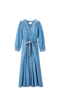 Blue denim dress with a belt on a white background