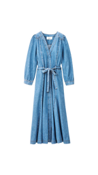 Blue denim dress with a belt on a white background