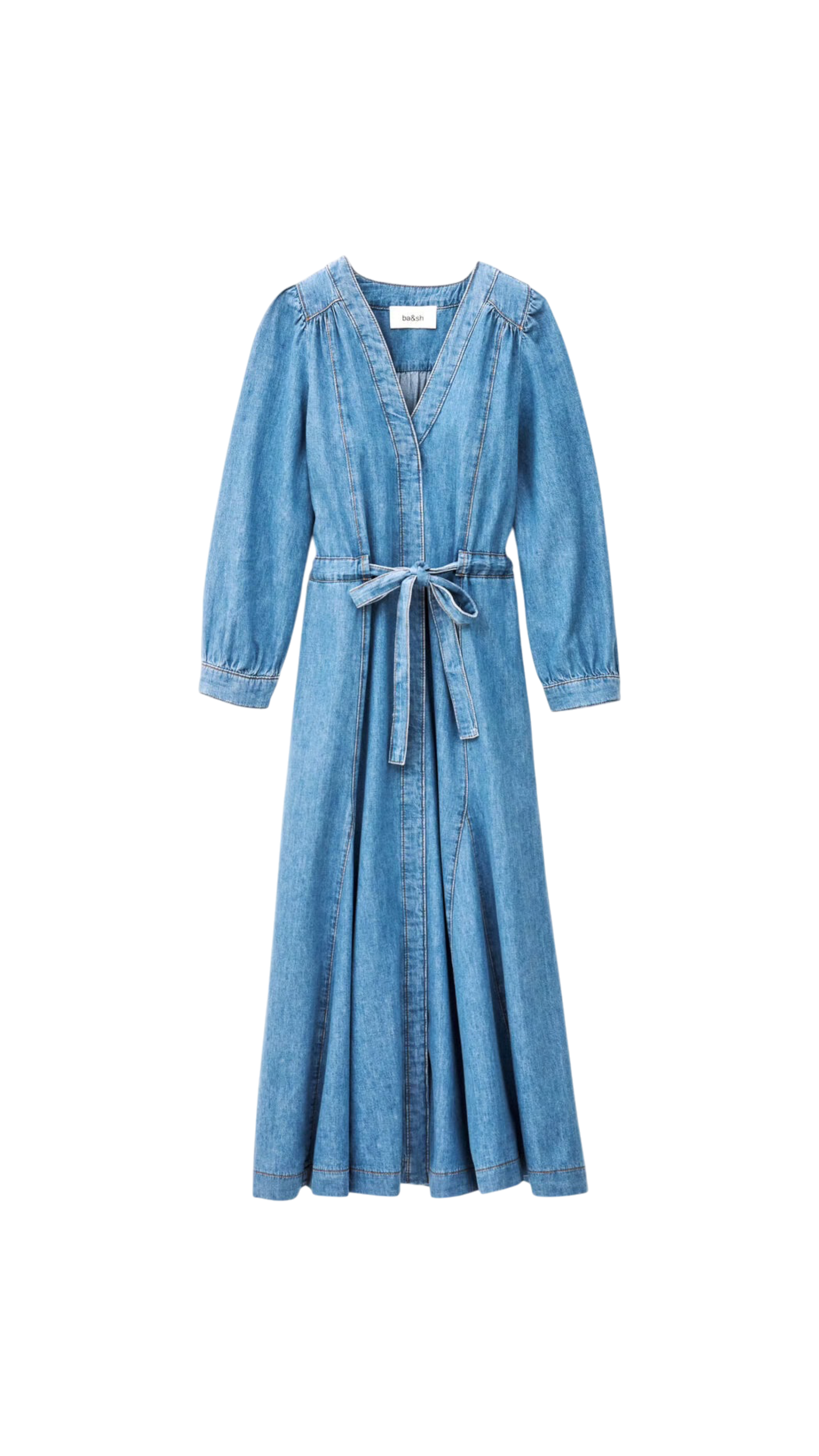 Blue denim dress with a belt on a white background
