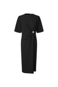 A black short-sleeve midi dress with a twisted front detail and a single gold button accent, shown against a plain white background.