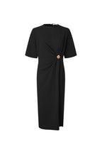 A black short-sleeve midi dress with a twisted front detail and a single gold button accent, shown against a plain white background.