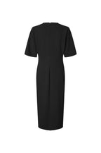 A black short-sleeve midi dress shown from the back, featuring a straight silhouette and a central seam, displayed on a clean white background.