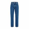A pair of high-waisted, straight-leg blue denim jeans shown flat against a solid white background.