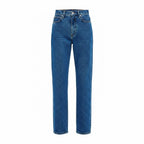 A pair of high-waisted, straight-leg blue denim jeans shown flat against a solid white background.