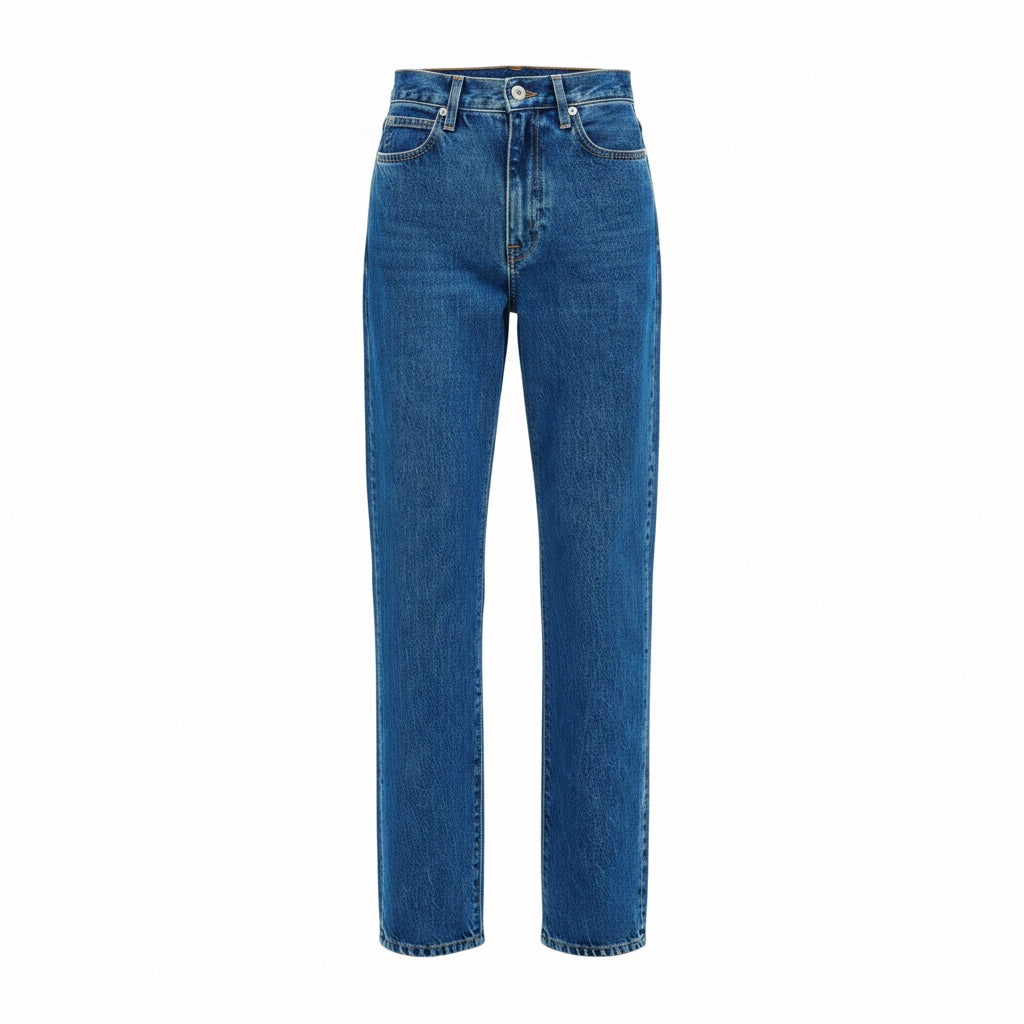 A pair of high-waisted, straight-leg blue denim jeans shown flat against a solid white background.