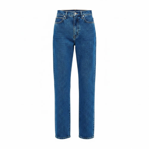 A pair of high-waisted, straight-leg blue denim jeans shown flat against a solid white background.