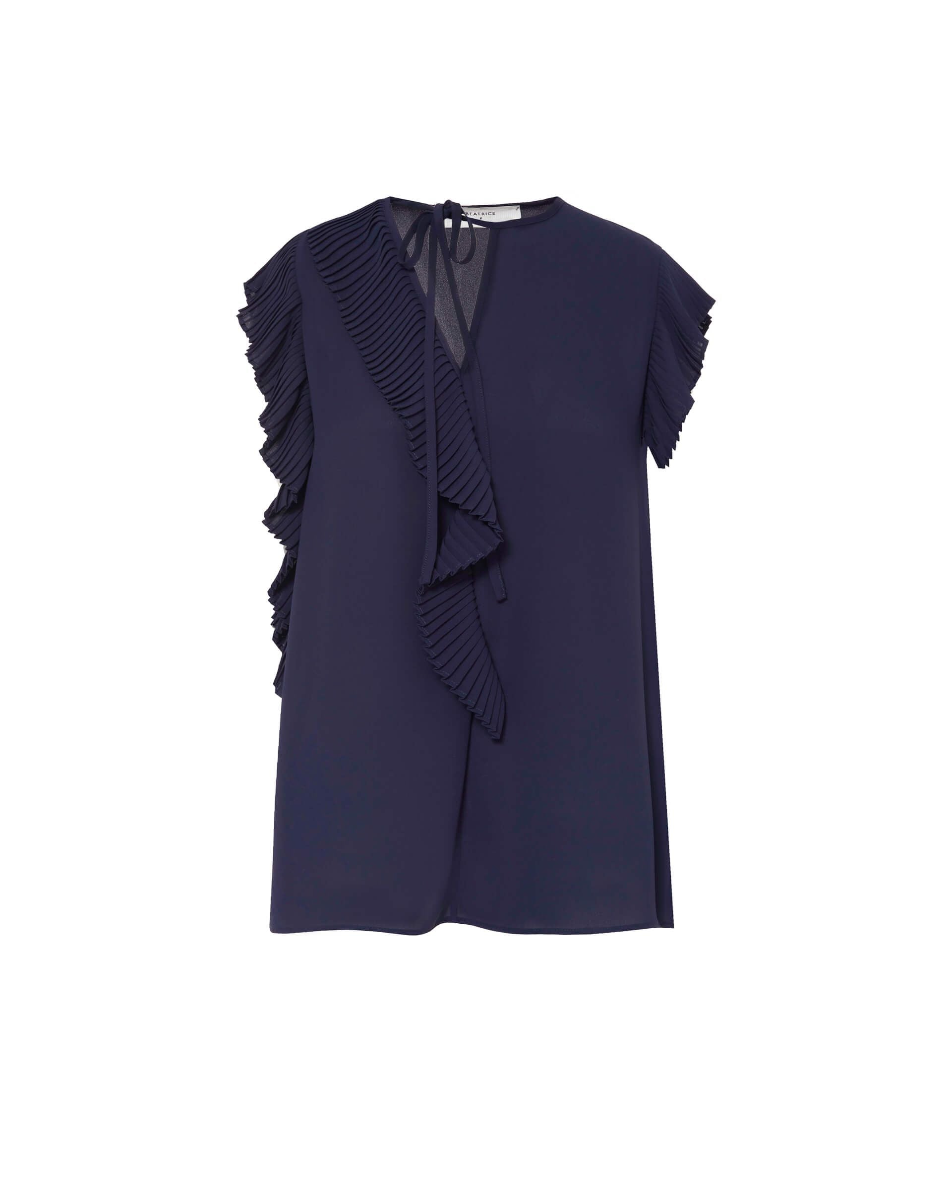A navy-colored, short-sleeved, V-neck blusa shirt with a textured design and a flowing sleeve, displayed on a hanger.