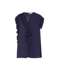 A navy-colored, short-sleeved, V-neck blusa shirt with a textured design and a flowing sleeve, displayed on a hanger.