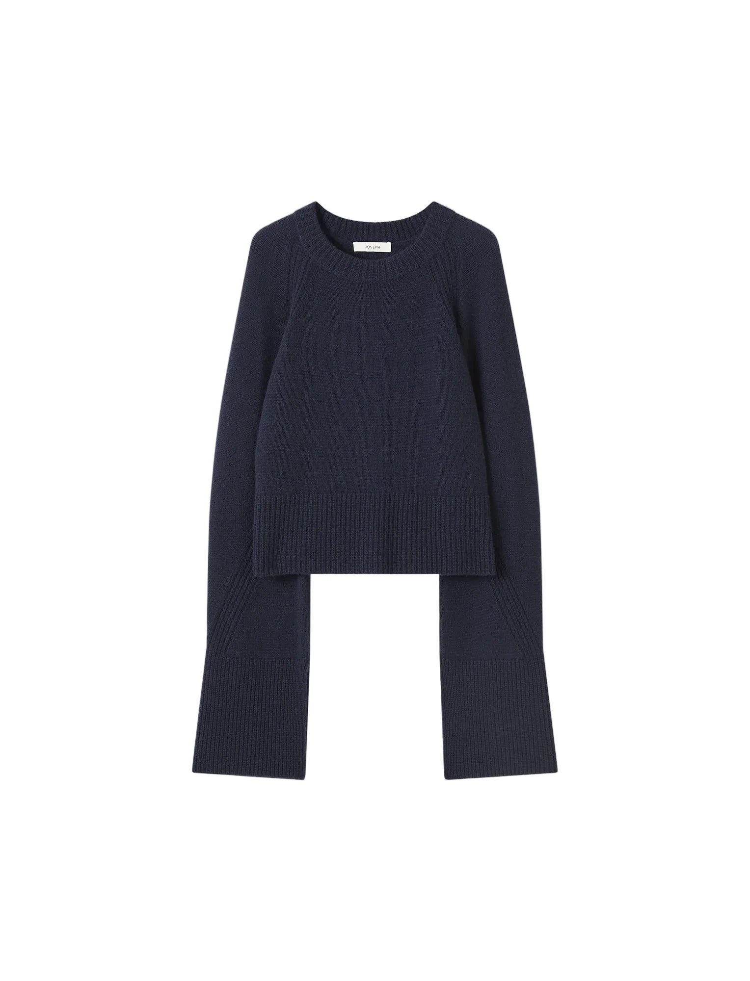 Navy blue sweater and pants set on a light gray background